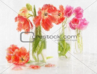Digital watercolor of colorful tulips in bottles