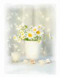 Digital watercolor of white daisies and seashells 