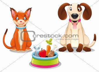 Cat and Dog with food.