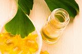 ginko biloba essential oil with fresh leaves - beauty treatment 