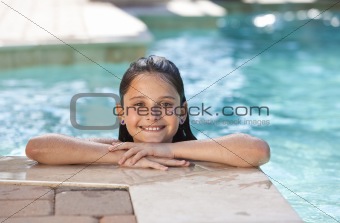 Happy Pretty Girl Child Smiling In Swimming Pool 