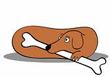 lying dog with bone - vector
