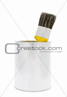 Paint can with yellow brush