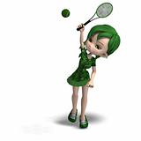 toon girl in green clothes with racket and tennis ball