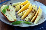appetizer of fresh pear cheese and chocolate