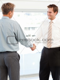Two happy businessmen concluding a deal by shaking their hands