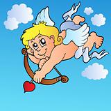 Cupid shooting with bow on blue sky