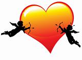 Two  cupid silhouettes with a big glossy heart illustration. 
