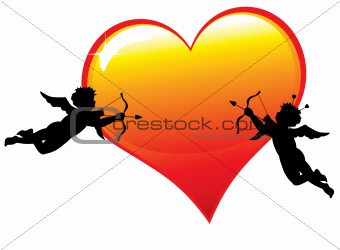 Two  cupid silhouettes with a big glossy heart illustration. 