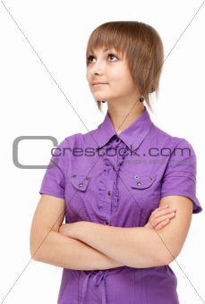 Young girl in violet blouse smiles