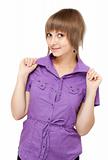 Young girl in violet blouse flirts