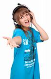 Young girl in earphone sings