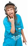 Girl in earphone shows language
