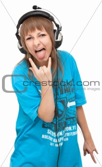 Girl in earphone shows language
