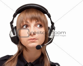 Portrait of the girl in earphone with mike