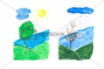 Baby drawing, tree on sun
