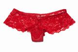 Red lacy panties on white background
