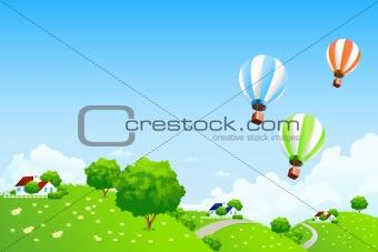 Green Landscape with Balloons