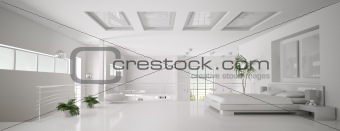 White bedroom interior panorama 3d render