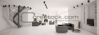Apartment with stair and fireplace interior panorama 3d