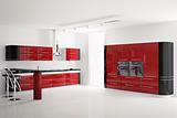 Interior of modern red black kitchen 3d