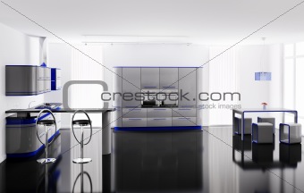 Interior of modern kitchen with bar table and stools 3d