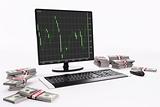 LCD with forex charts and stacks of dollars 3d