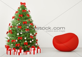 Christmas tree in the room with armchair interior 3d render