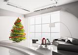 Christmas fir tree in living room interior 3d render