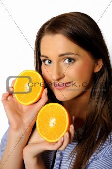 young beautiful woman with citrus orange fruit