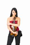 pretty musician woman with violin. isolated