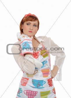 expressions. Beautiful cooking woman in apron and kitchen glove 