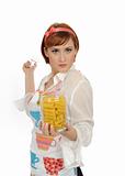 Beautiful cooking woman in apron with italian pasta. isolated