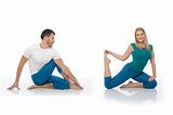 active man and woman doing yoga fitness poses. isolated
