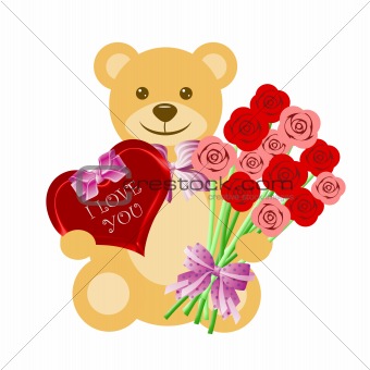 Teddy Bear with Rose Bouquet and Heart Box