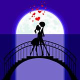 Lovers at bridge in moonlight