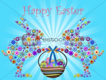 Happy Easter Bunnies Holding Basket of Floral Eggs