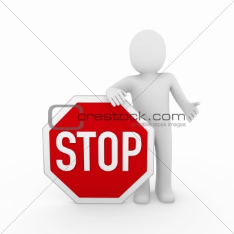 3d human stop red sign white 