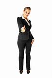  Full length portrait  of smiling modern business woman showing thumbs up gesture
