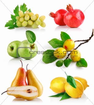 set fresh fruits with green leaves