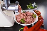 Meat grinder with mince and vegetables
