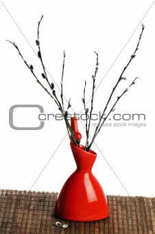 Branches of a willow in a red vase