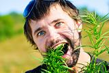 Young man eating leaves of cannabis