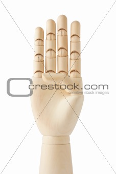 wooden dummy hand with four fingers up