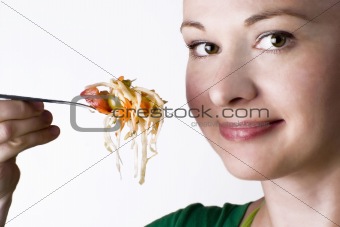 Woman eating raw food. White background.