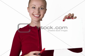 Smiling woman with white sheet of paper