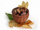 Chestnuts in a basket with autumn leaves