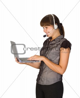 beautiful girl in headset with lapto