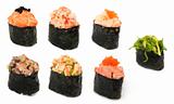 Different types of sushi, isolated on white