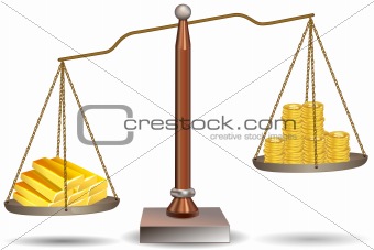 beam balance with dollar coins and gold bars